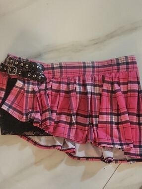 Pink Plaid Ruffle Mini Skirt with Buckle Accent